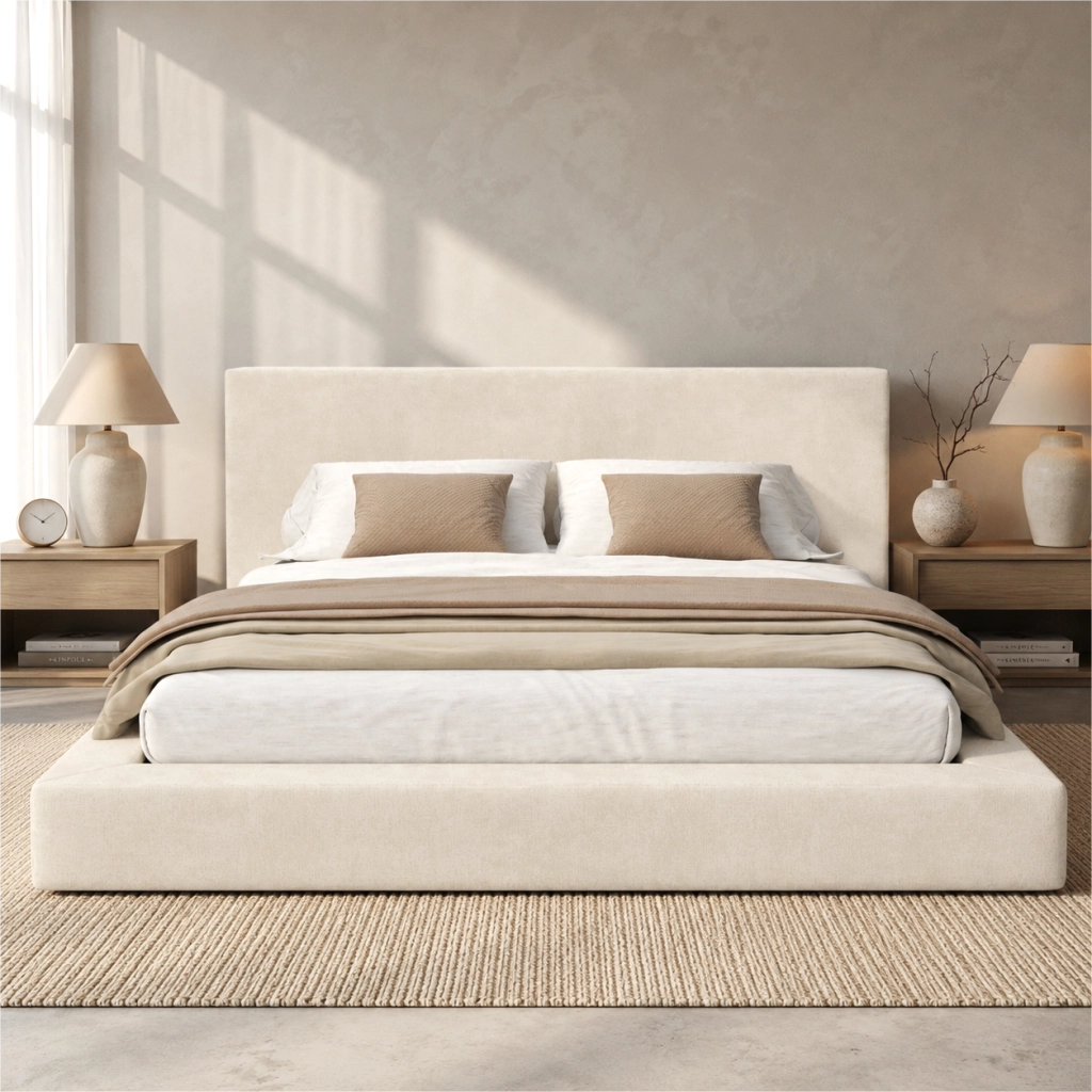 Letto matrimoniale imbottito 180x200 cm con rete a doghe e testiera capitonné; rivestimento in ciniglia; beige