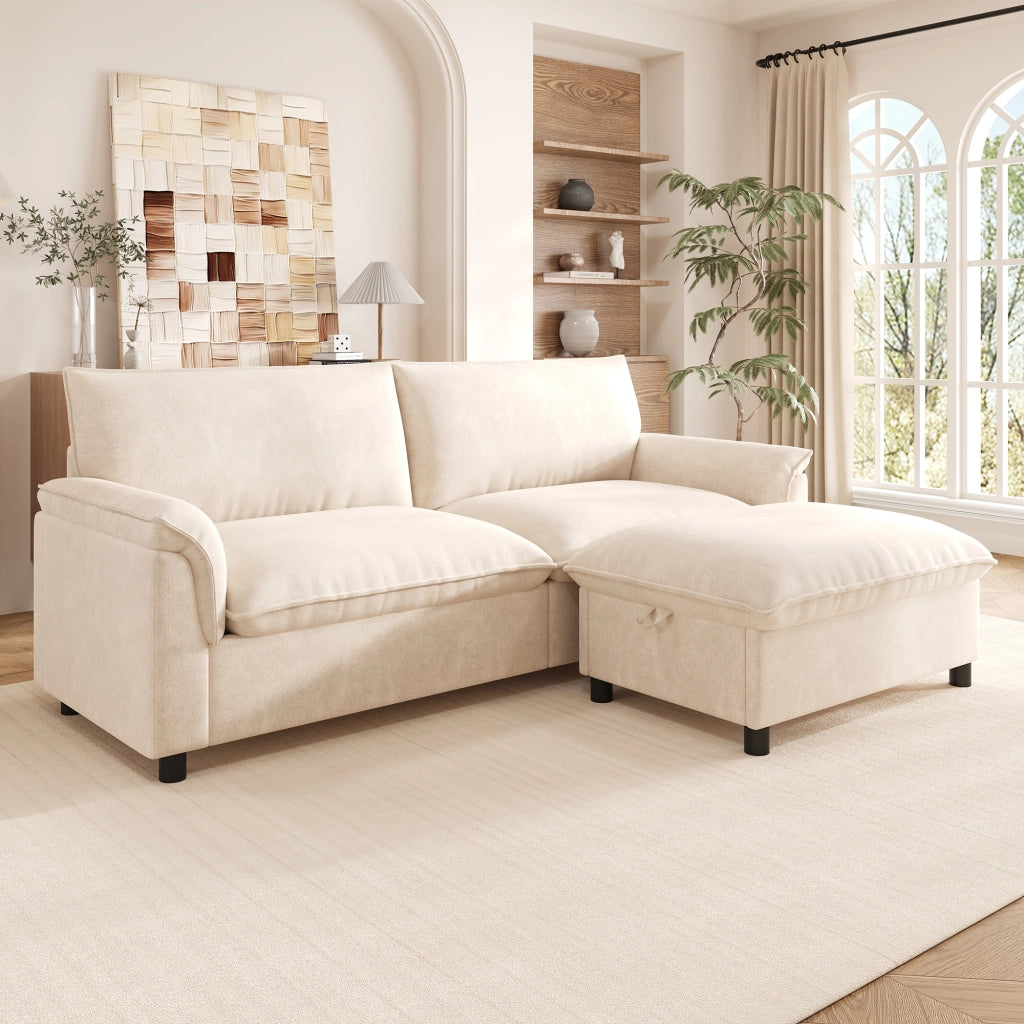 Divano modulare con pouf mobile e contenitore, seduta profonda in ciniglia beige, schienale alto 216 × 77 × 82 cm