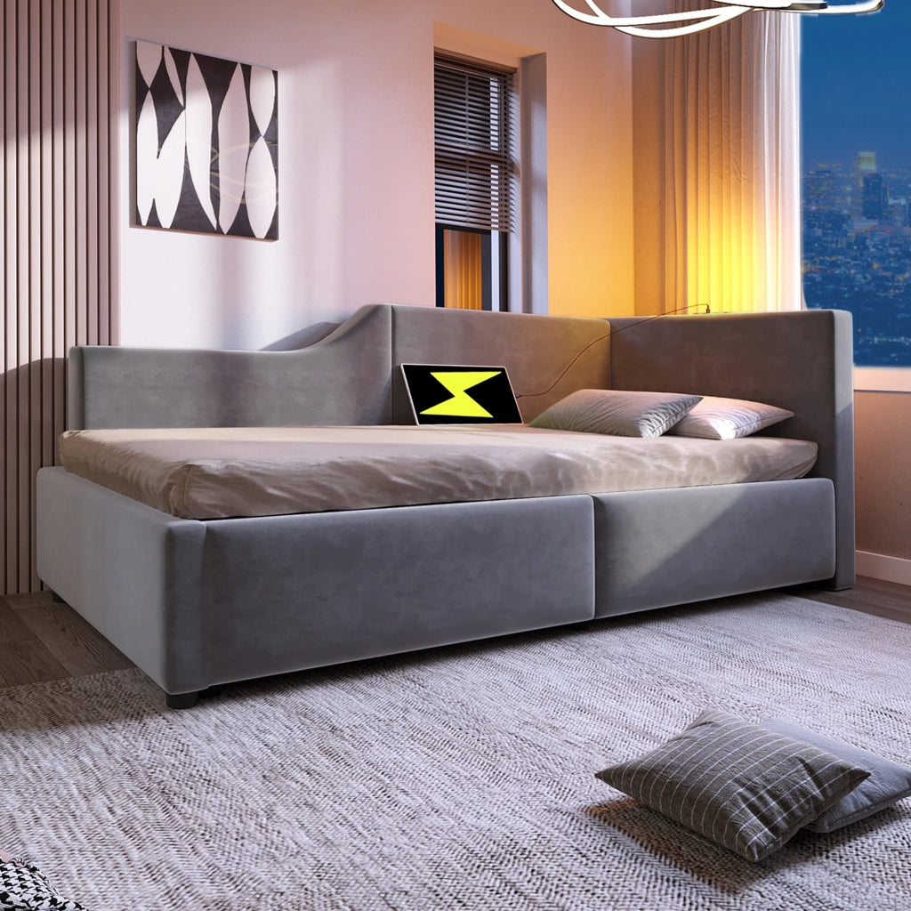 LETTO Tagesbett 90x190 cm in velluto grigio con lampada da lettura e USB-C