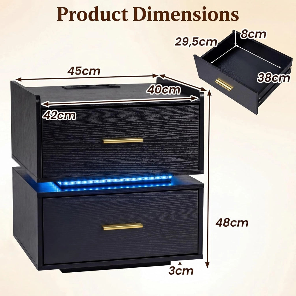 Comodino con stazione di ricarica, comodino con illuminazione a LED e telecomando, 2 cassetti, per soggiorno, camera da letto, ufficio, 45 x 40 x 48 cm (nero)