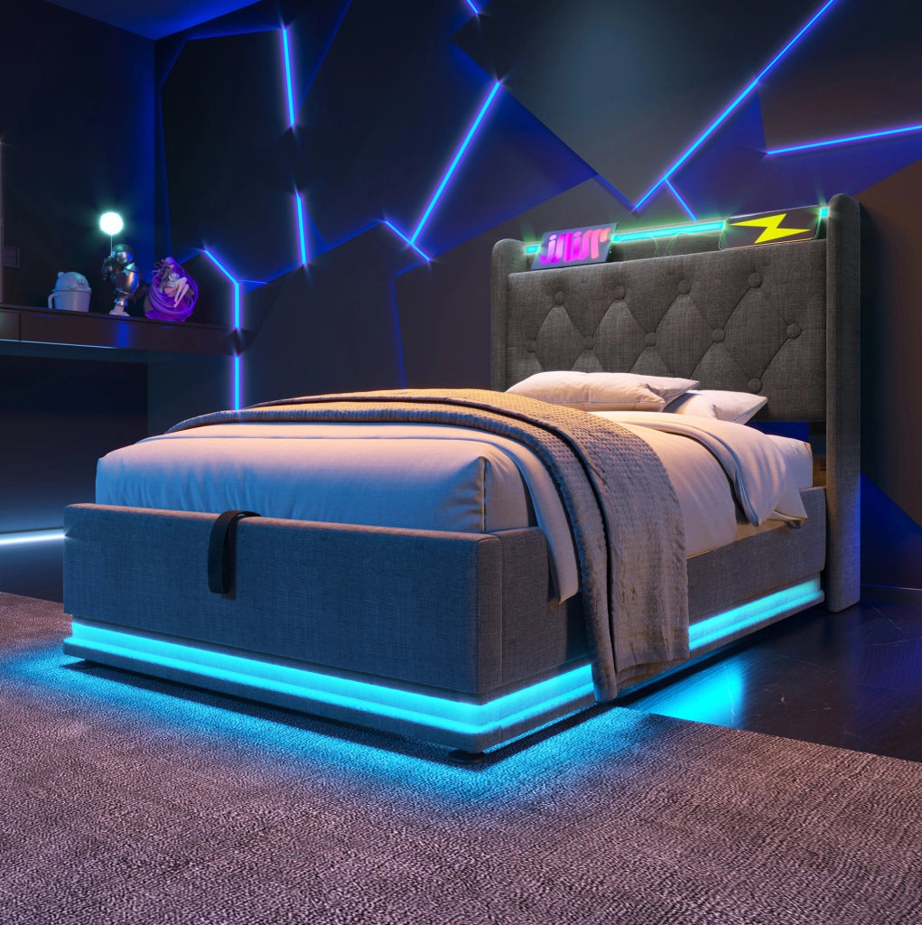 Letto singolo 90x200 cm con LED, contenitore idraulico e testiera con USB Tipo-C