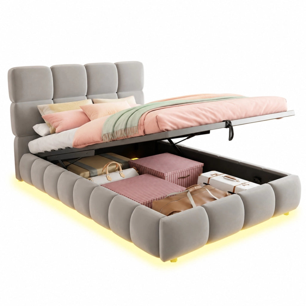 Letto contenitore 90 × 200 cm con sollevamento idraulico LED regolabile velluto grigio e rete a doghe