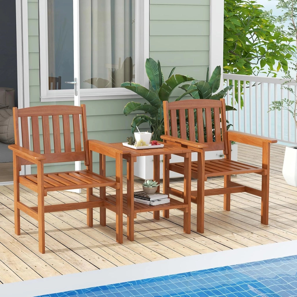 Set di mobili da 3 pezzi, in legno, set di 2 sedie e tavolo con foro per ombrelloni, set di conversazione con schienale e braccioli per patio, terreza, balcone