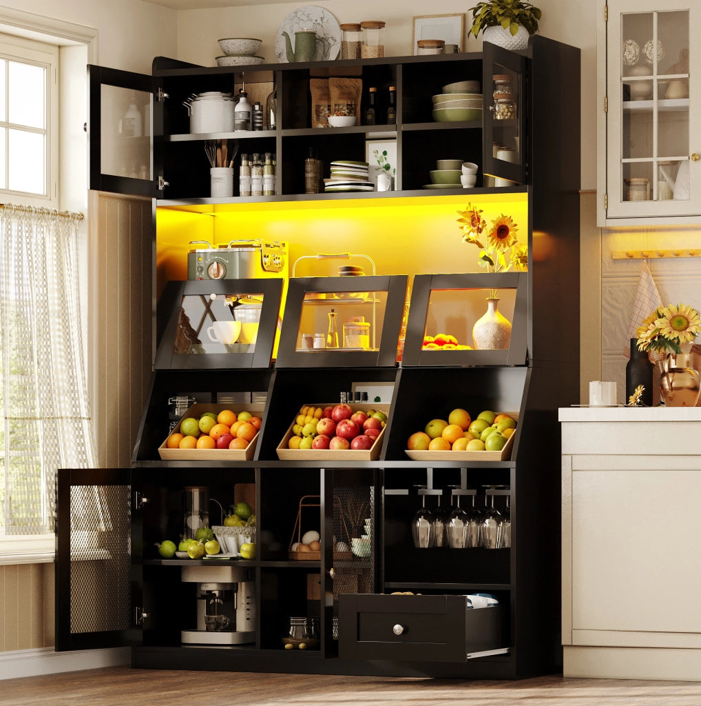 Credenza cucina 120x40x181.7 cm con luci LED multicolore; anta in vetro; MDF nero