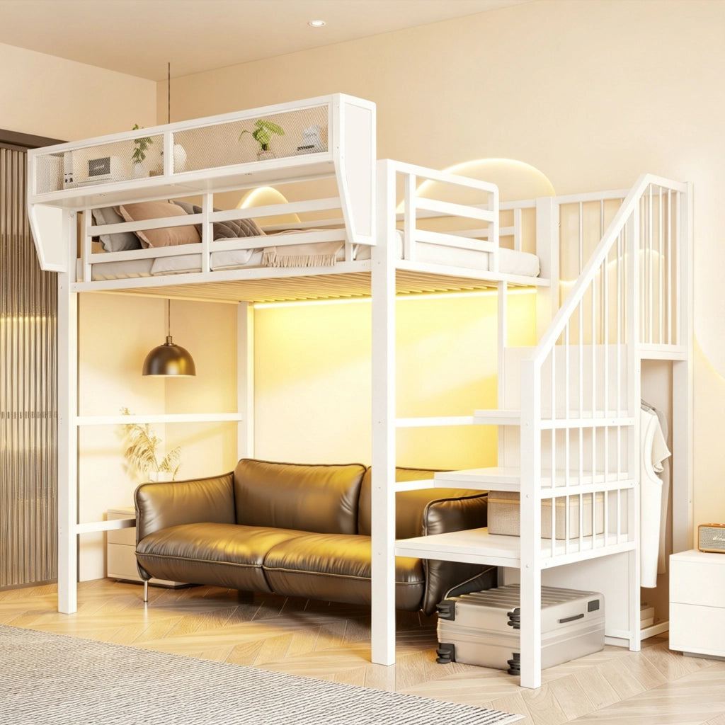 Letto a soppalco 90 × 200 cm con LED, scala di sicurezza e ripiani regolabili, senza materasso, in metallo bianco