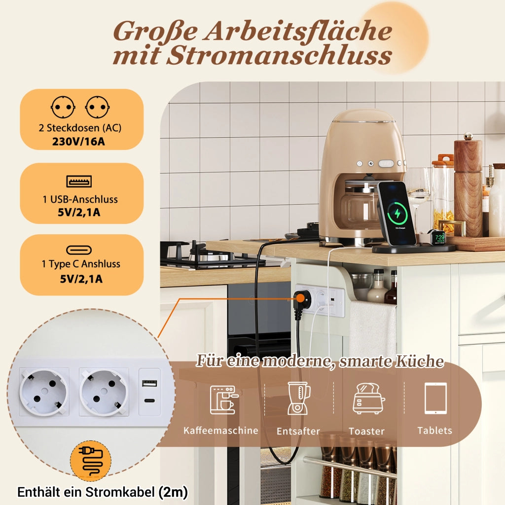 Mobile contenitore con ripiani regolabili; prese e USB per cucina e sala da pranzo in pannello truciolare 120×45-75×96 cm bianco