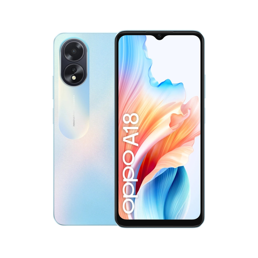 Oppo a18 4g smartphone, ai doppia fotocamera 8+2mp, selfie 5mp, display 6.56” 90hz lcd hd+, 5000mah, ram 8 gb (4+4) + rom 128gb, ip54, [versione italia],glowing blue - A18BLU