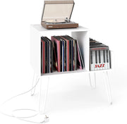 Supporto per giradischi, 66 x 45 x 67 cm, tavolino con stazione di ricarica integrata, mensola in vinile con gambe in metallo, armadio per camera da letto, soggiorno (bianco)