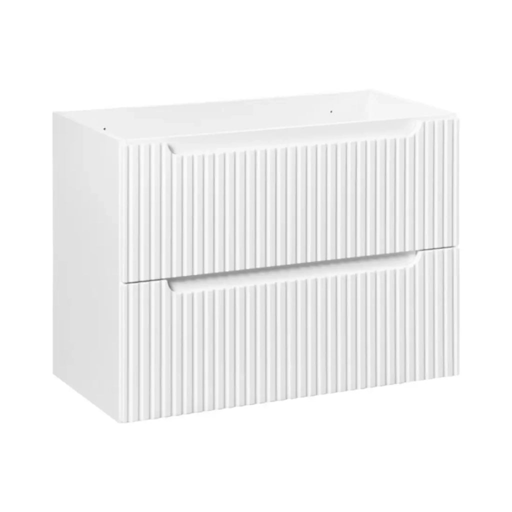 Set da bagno VANO bianco 80cm: mobile sottolavabo con cassetti + piano per lavabo + lavabo da appoggio bianco scanalato