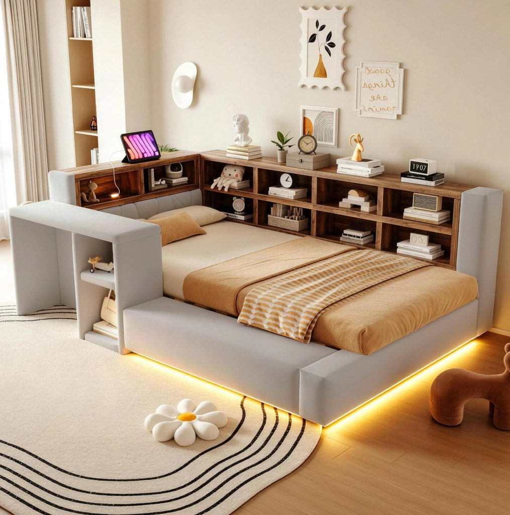 Letto imbottito 90x200 cm con vani portaoggetti; LED; prese integrate e comodino; grigio chiaro