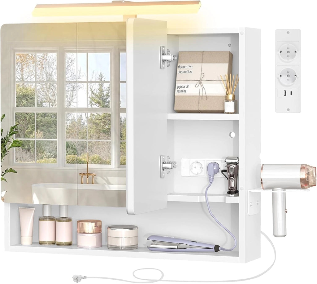 Specchio Bagno Contenitore con Luce LED e Presa Elettrica, Mobile Bagno a Specchio a 3 Ante con Gancio Asciugacapelli, 3 temperature di colore dimmerabili, Ripiani Regolabili, Bianc