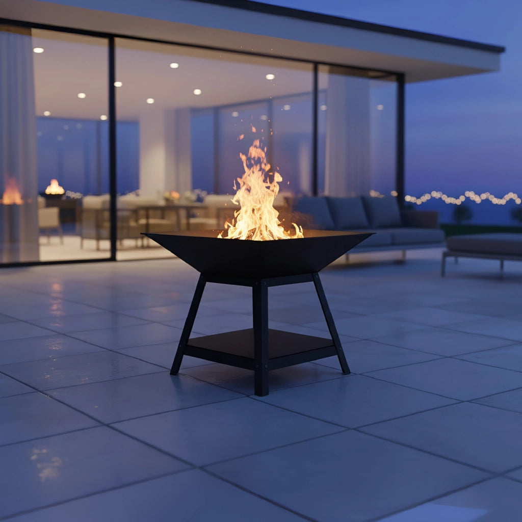 Braciere da Esterno a Legna in Ferro Verniciato a Polvere con Struttura Rialzata e Ripiano Inferiore, Fire Pit Quadrato da Giardino, Resistente alla Ruggine 56x56 cm