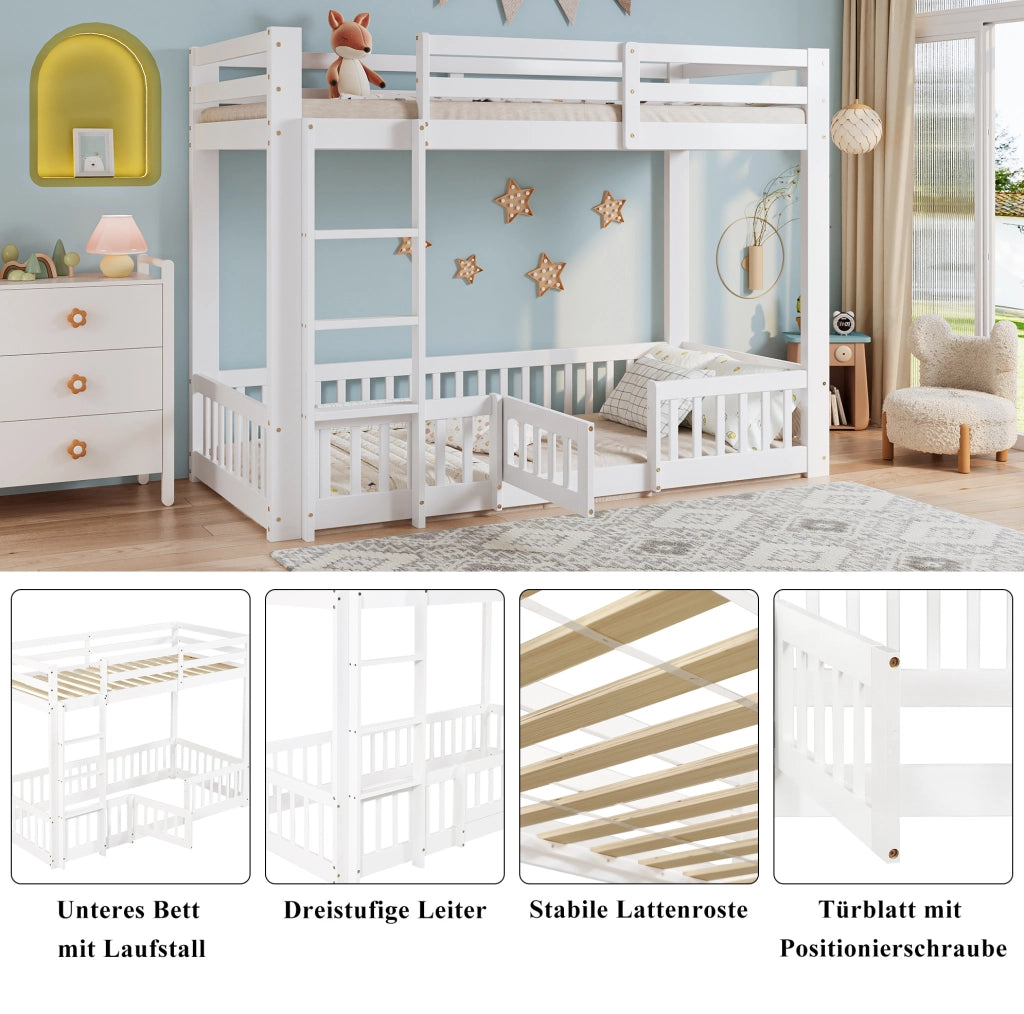 Letto a castello in pino 90x200 cm con scala ad angolo; sponde e porta; bianco