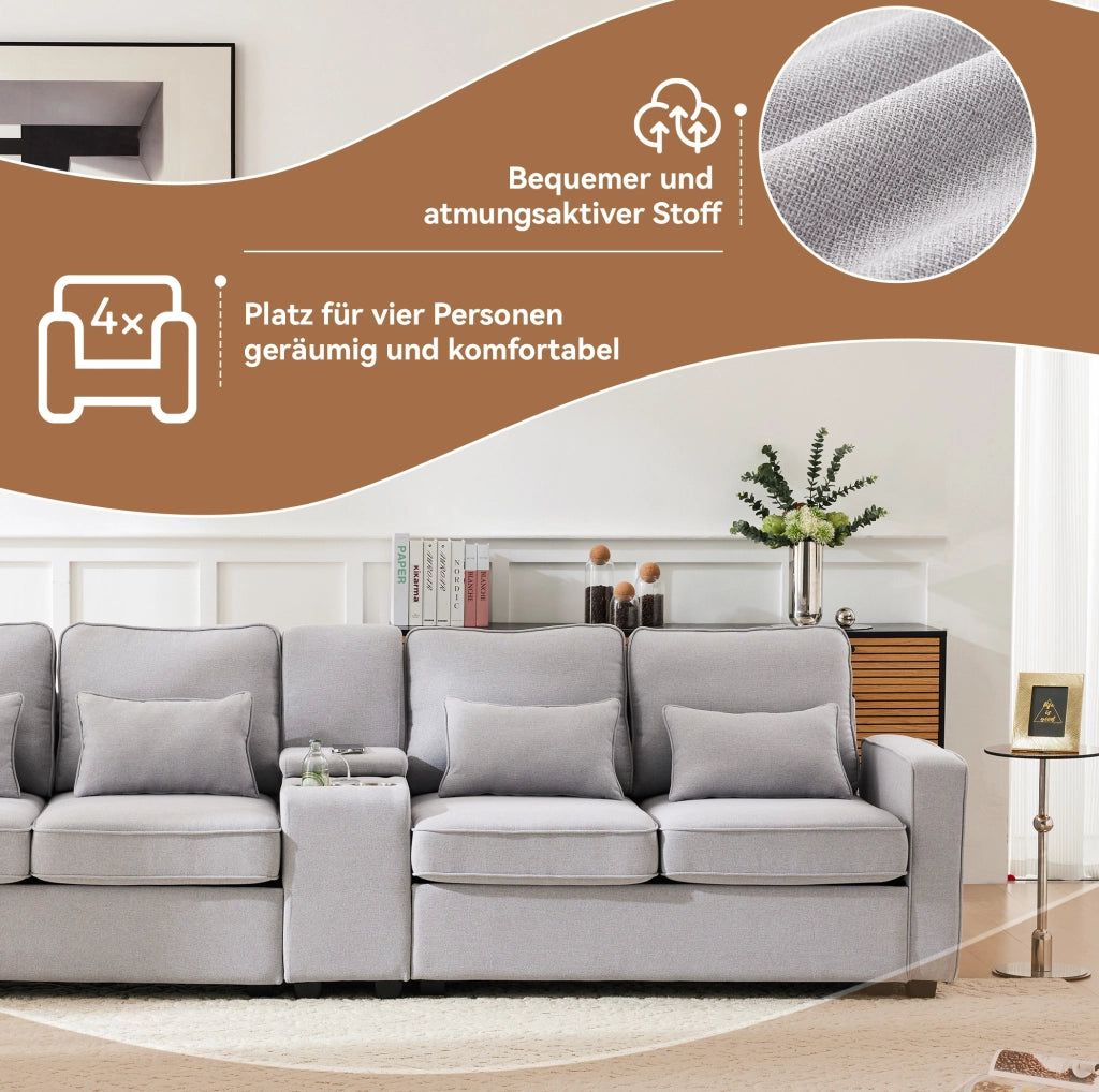 Divano 4 posti 290x83x88 cm con USB; portabicchieri e vani; tessuto grigio