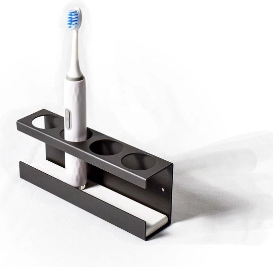 Organizzatore per spazzola da denti elettrica, fissaggio alla parete senza perforazione, lega di alluminio, organizzatore, contenitore per pasta da denti con piatto in silicone, spazzola da denti, stoccaggio, bagno (grigio, 4 stelle)