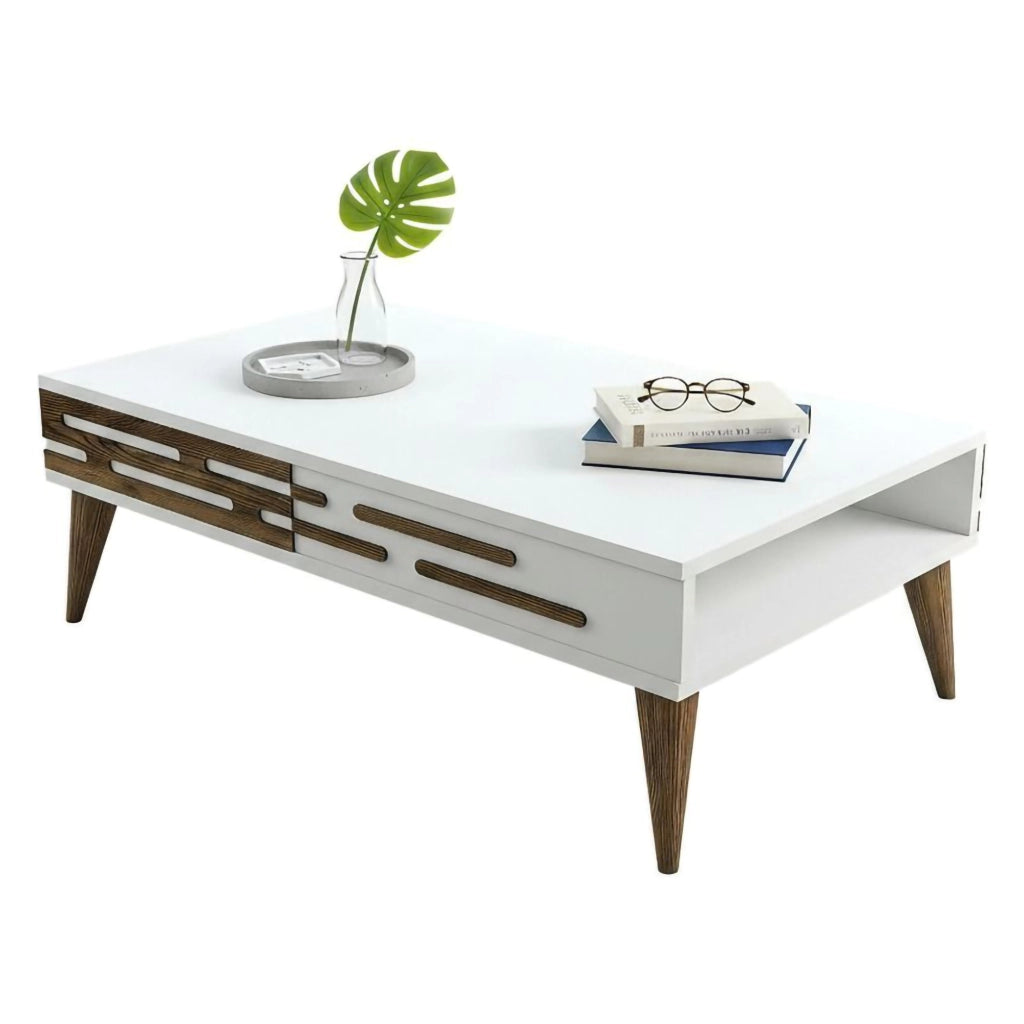 Tavolino da salotto Mansuk, Tavolo basso da caffè, Portariviste per divano, Ripiano da soggiorno, 105x35h60 cm, Noce e Bianco