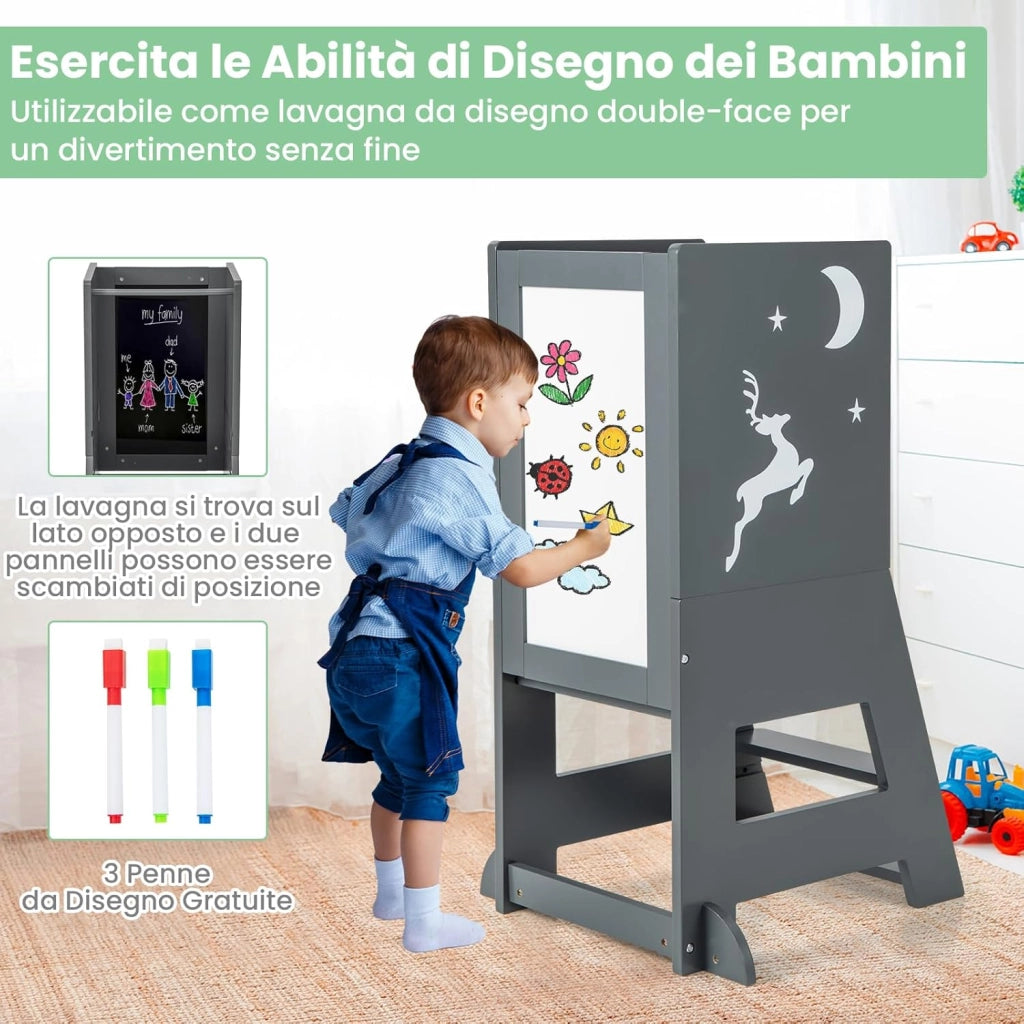 Torre per Bambini 2 in 1, Sgabello da Cucina per Bambini con 3 Penne, Lavagna Bianca e Nera, Piattaforma e Gradino Regolabili, per Bambini da 1 a 7 Anni, Capacità di Carico 70 kg (Grigio)
