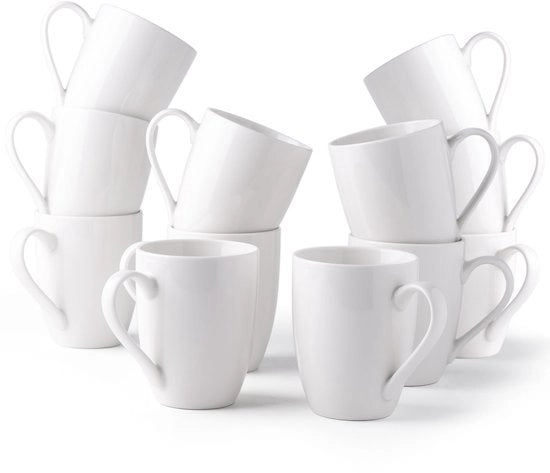 Set di tazze da caffè da 12 (350 ml), tazze cremine con manico grande - Leggero per Latte/Cappuccino/Cacao - Resistenti a forno a microonde e lavastoviglie, GCM021WT