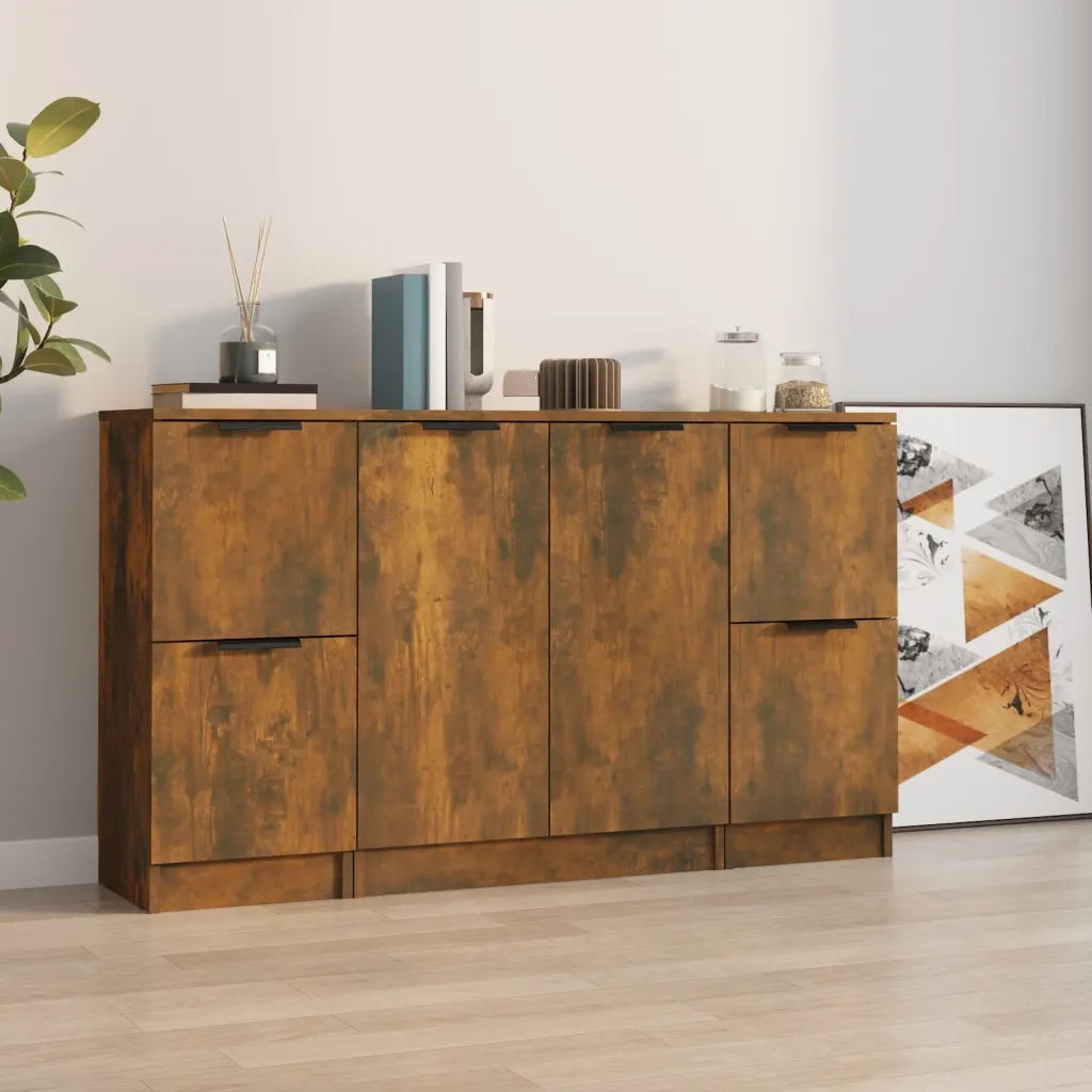 Credenze 3 pz | Madia | Buffet da pranzo | Armadio da pranzo Rovere Fumo in Legno Multistrato