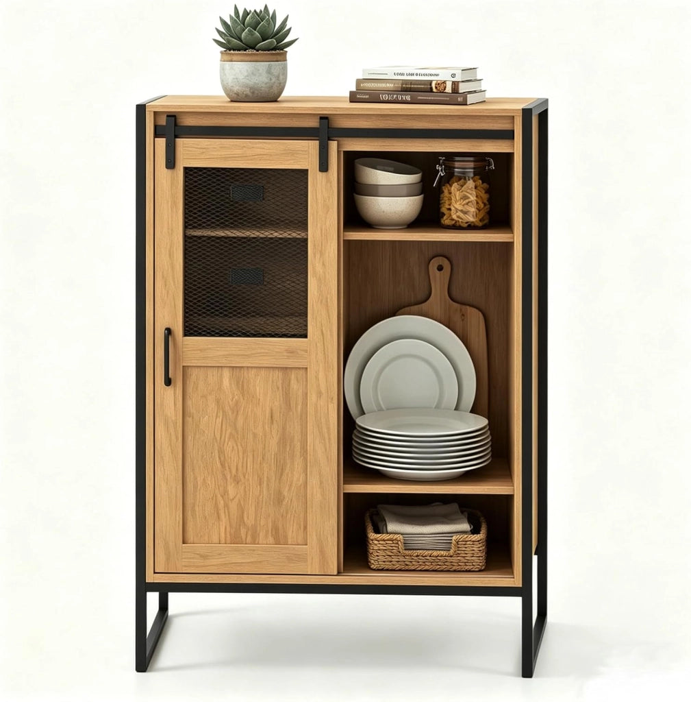 Credenza Cucina Salvaspazio, Mobiletto in Legno con Anta Scorrevole, 5 Cassetti e Ripiani Regolabili a 3 Livelli, Armadietto Portaoggetti per Sala da Pranzo, 84 X 40 X 120 CM (Naturale)