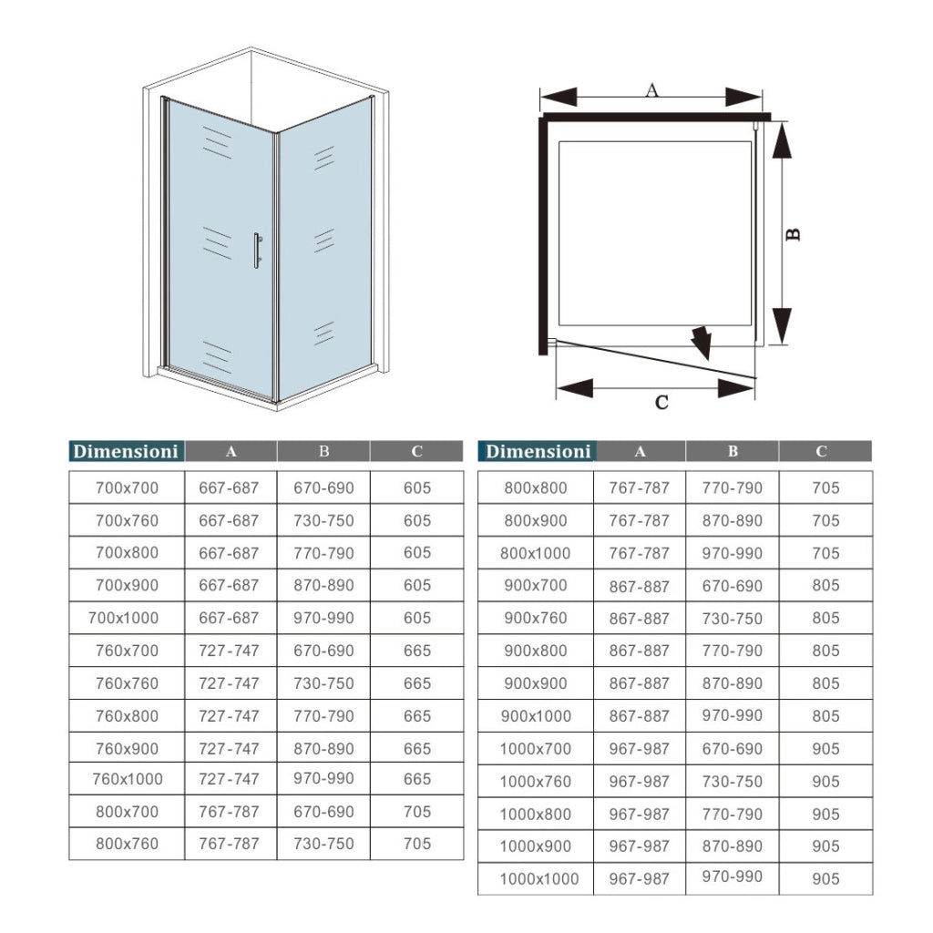 H.195cm Box Doccia Angolare Porta Battente con Lato Fisso 70x90cm Vetro Temperato 6mm Anticalcare Barra da 90 cm