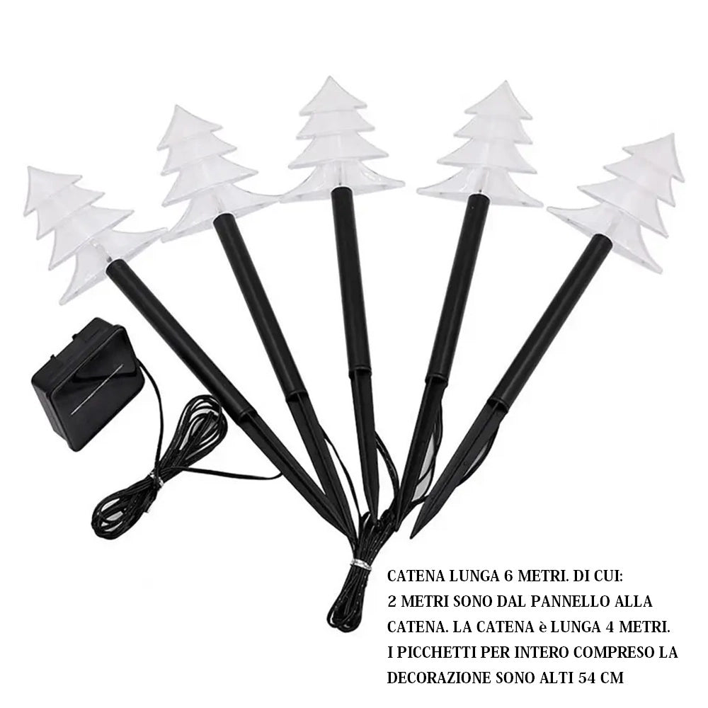 Catena Luci di Natale LED a Picchetto da Giardino con Pannello a Ricarica Solare 5 Alberi