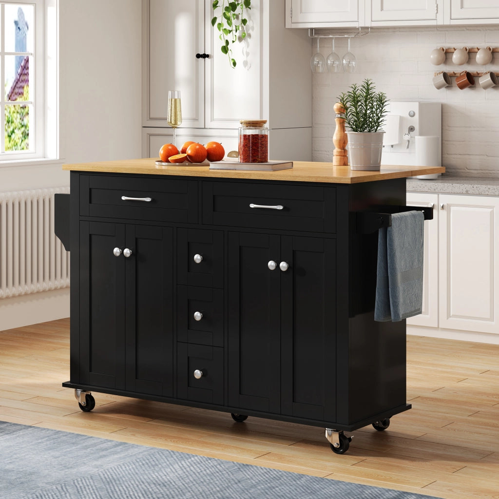 Carrello da Cucina con 5 Cassetti; 2 Armadietti; Piano Pieghevole e Ruote; MDF; Nero Naturale; 140 x 40 x 89 cm