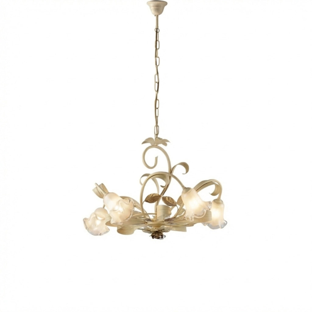 Lampadario Arte Povera Cesto Metallo Avorio E Oro 5 Luci E14