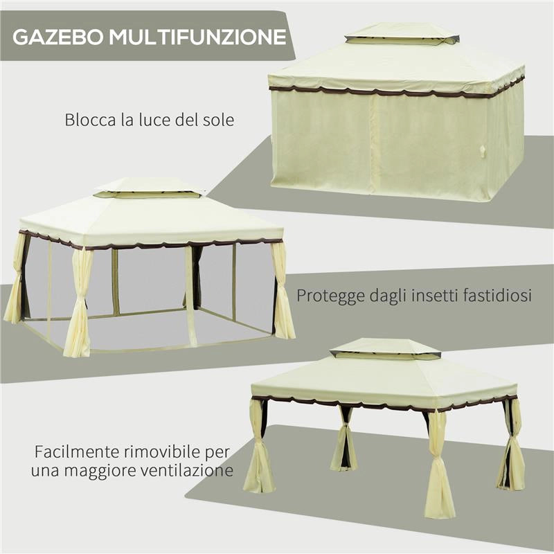 GAZEBO DA GIARDINO 4X3 M CON ZANZARIERA E TENDE, TETTO DOPPIO E RIVESTIMENTO ANTI-UV, CREMA