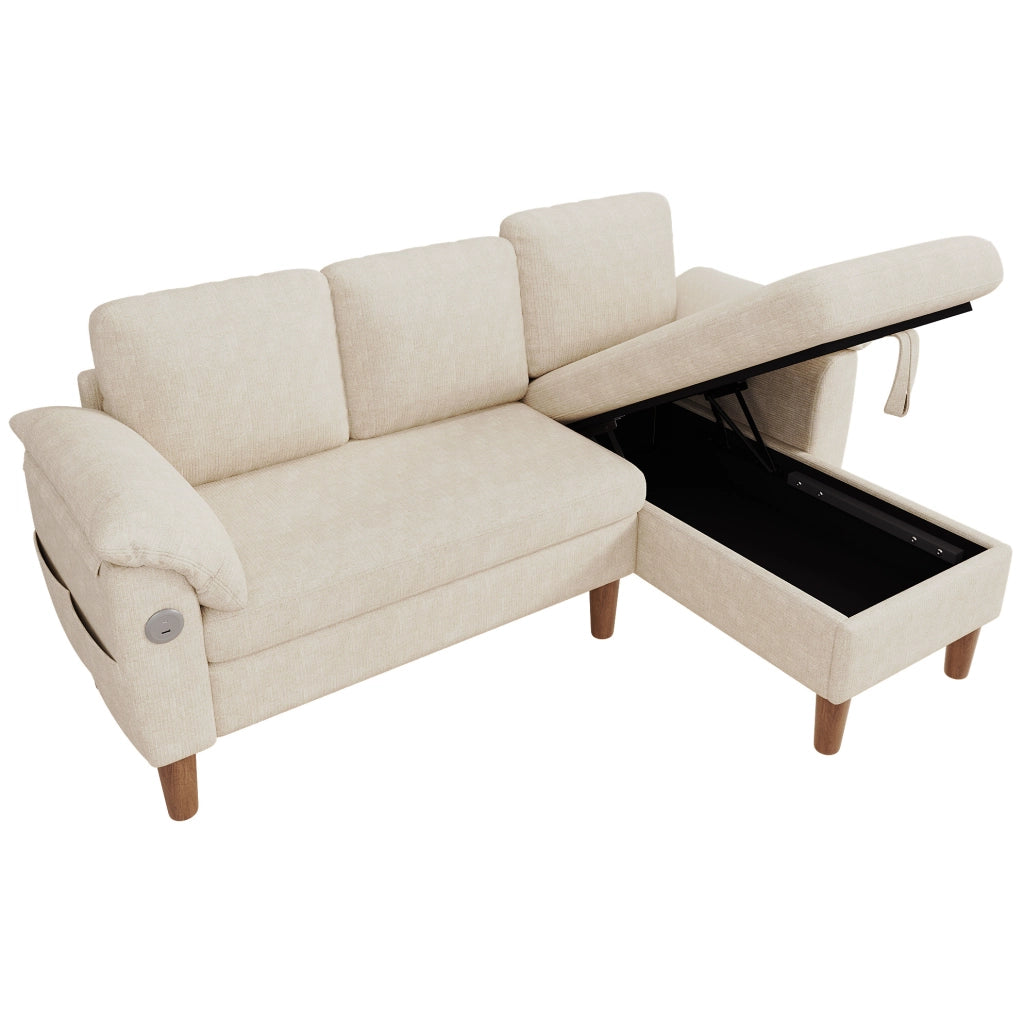 Divano angolare a L 3-4 posti con chaise longue reversibile; USB e Type-C; ciniglia beige