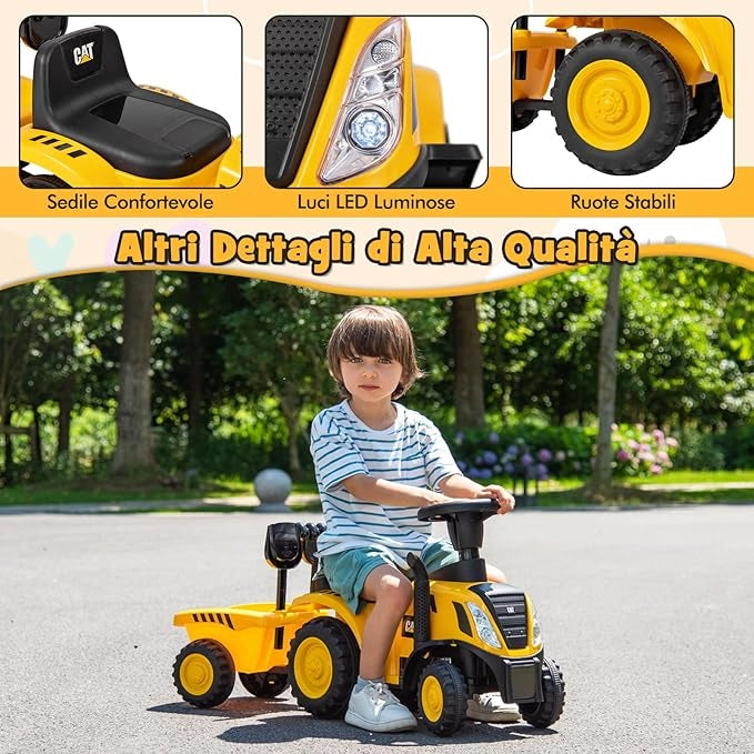 Trattore Cavalcabile per Bambini, Trattore Scorrevole con Rimorchio Staccabile Pala e Rastrello, 6 Ruote Suono e Luci, Ideale per Bambini 1,5-3 Anni
