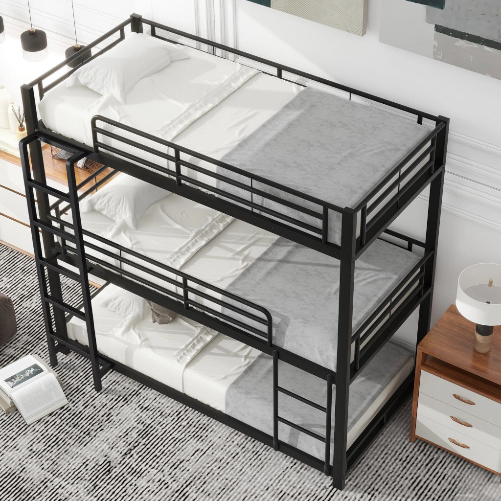 OKWISH Letto a Castello 90×200 cm, Letto 3 Posti con Scala Fissa, Sponde di Sicurezza e Salvaspazio, senza Materasso, Nero
