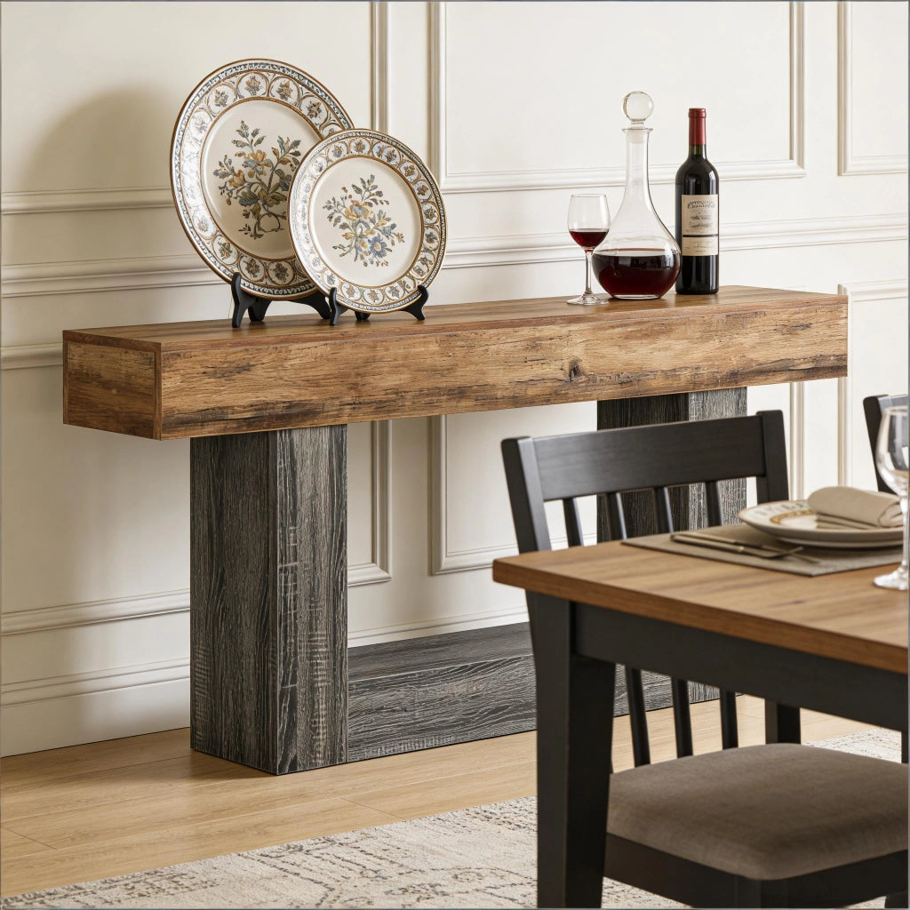 Consolle in MDF con base a U e ripiano inferiore stile rustico grigio e marrone per soggiorno e ingresso 160 cm