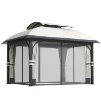 Gazebo da Giardino 4x3 m con Zanzariere e Doppio Tetto, in Metallo e Poliestere Grigio Chiaro