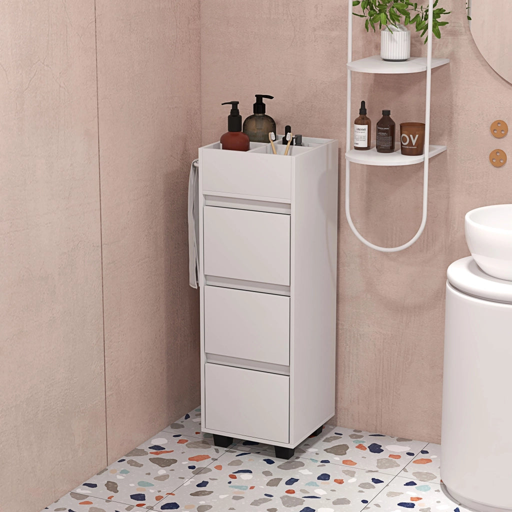 Mobile bagno salvaspazio con 4 ripiani, 3 cassetti e porta asciugamani ¨C Xylo ¨C Bianco 35x30x90 cm