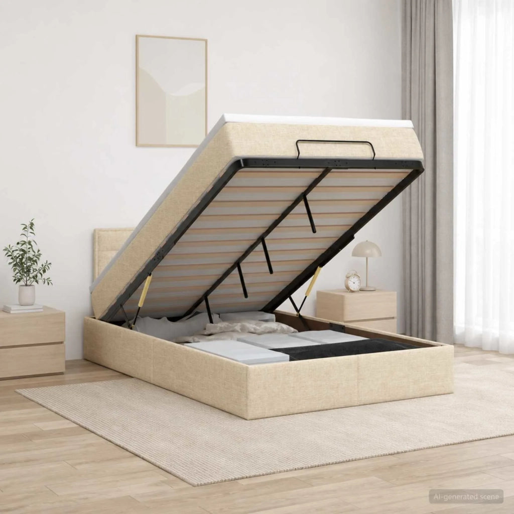Letto ottomano con materasso Crema 120 x 190 cm Tessuto 3457395