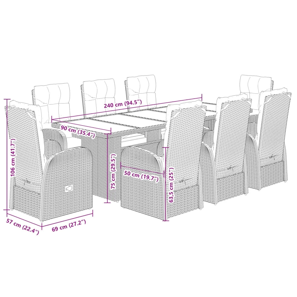 Set da Pranzo da Giardino 9 pz con Cuscini Nero in Polyrattan 3277641