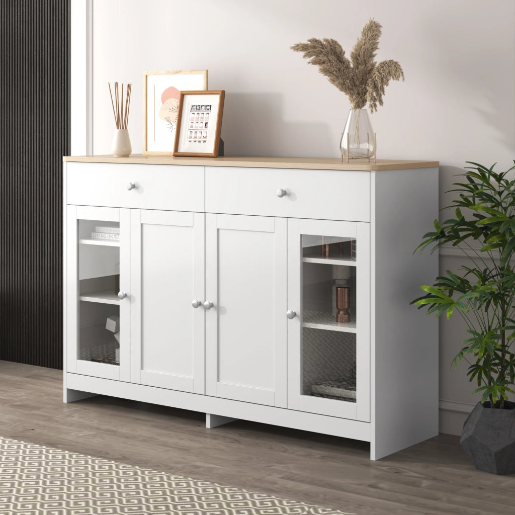 Credenza e Madia con 4 Ante di cui 1 in Vetro; 2 Cassetti e Ripiani Regolabili; Stile Country; in MDF; 120??37??80 cm; Bianco