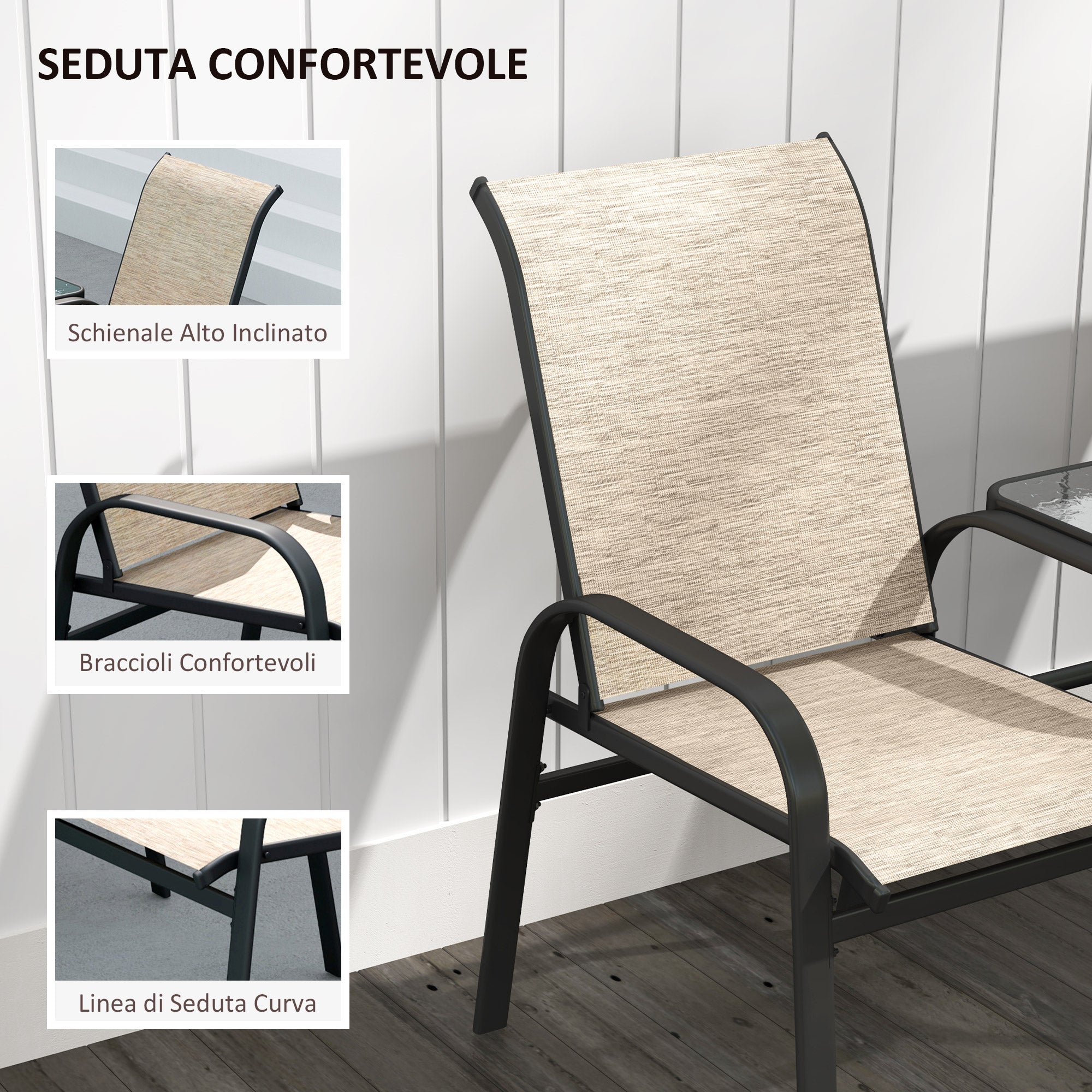 Panchina 2 Posti da Giardino 152x72x95 cm con Braccioli e Tavolino Basso Centrale in Vetro Marrone e Nero