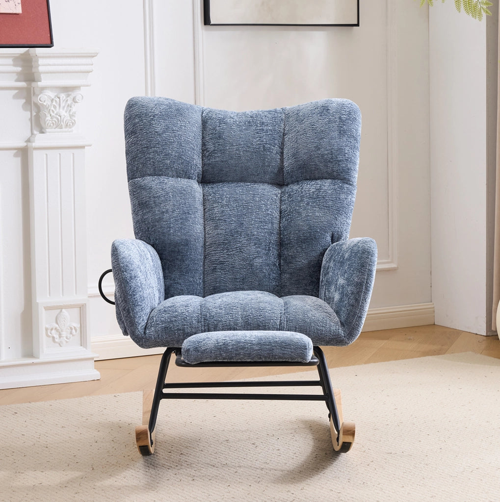 Sedia a dondolo con schienale alto; cuscino regolabile in chenille blu
