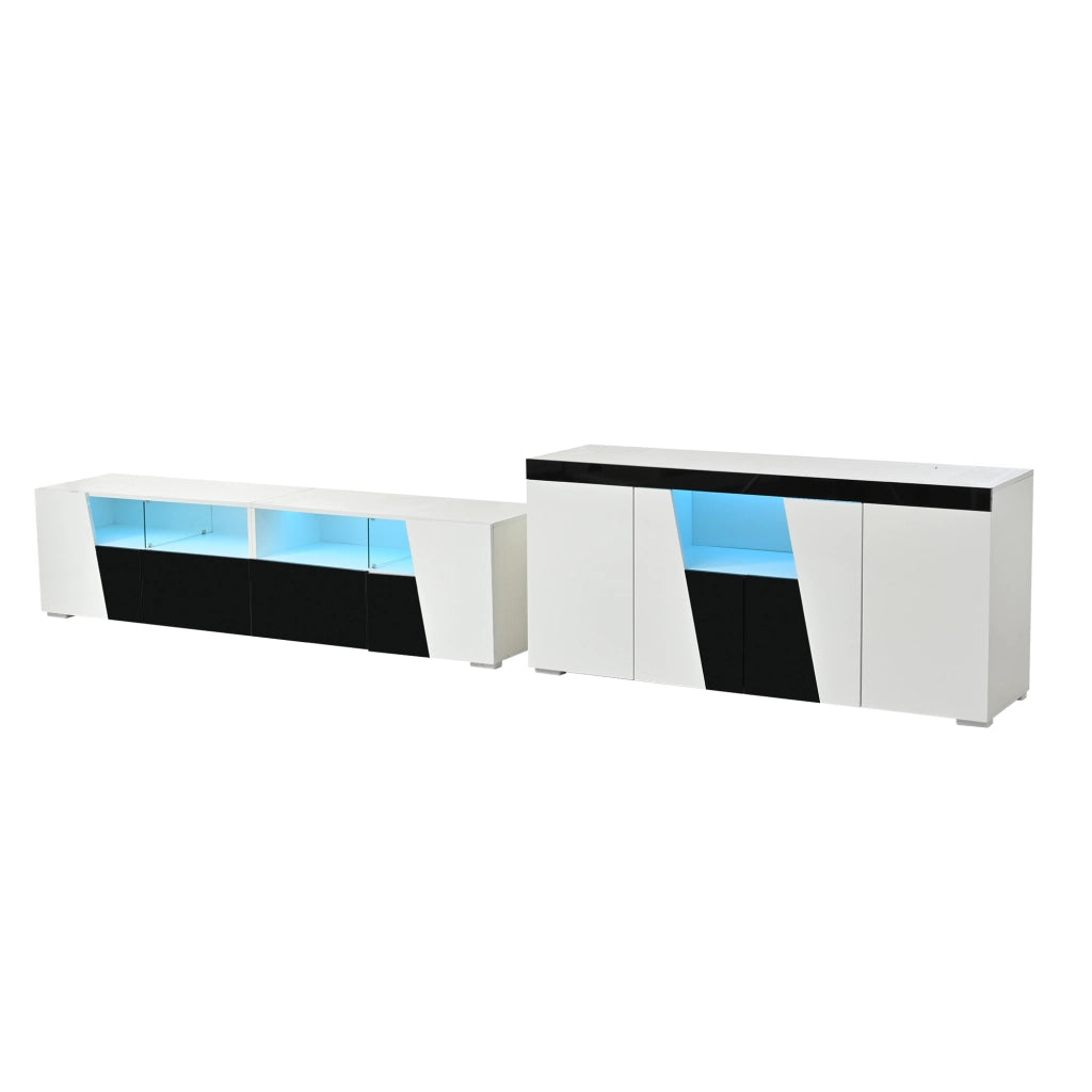 Combinazione mobile TV e sideboard con illuminazione LED bianco e nero