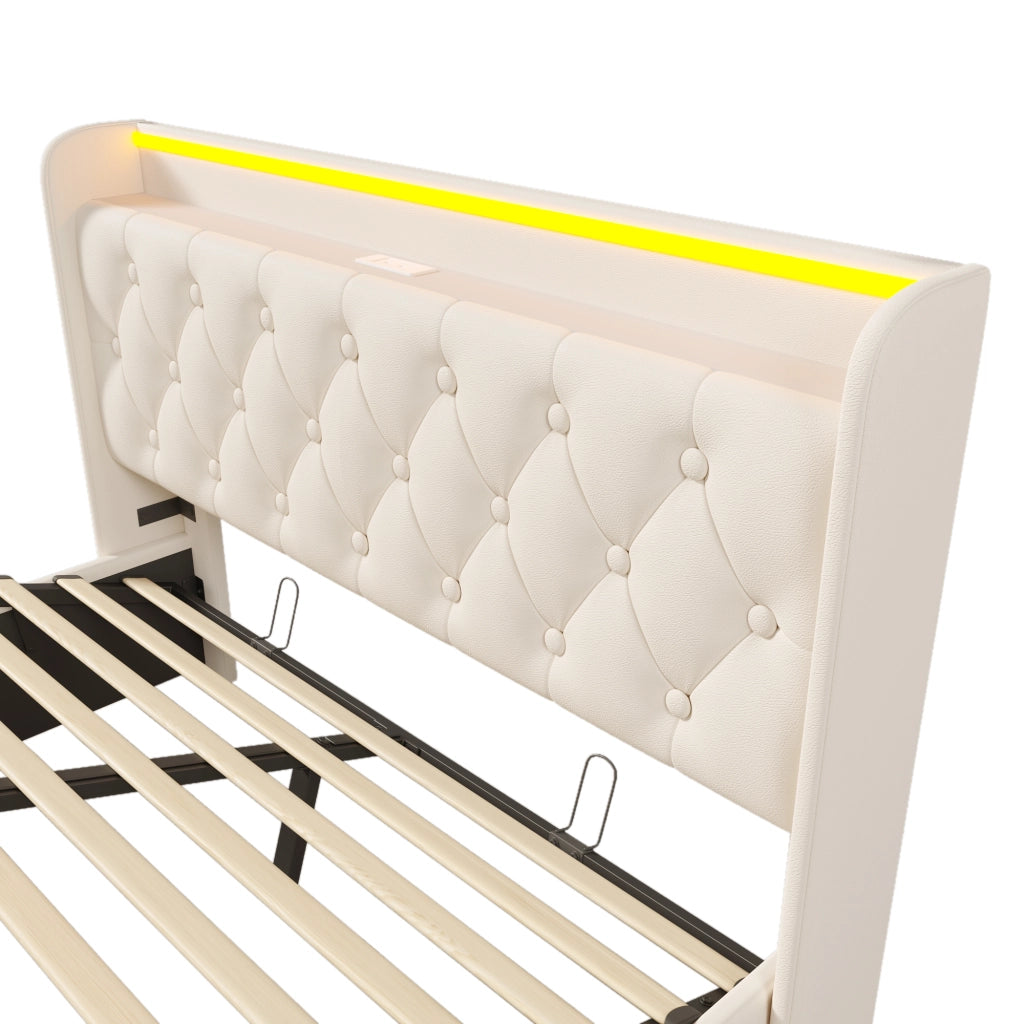 Letti contenitori 160x200 cm con LED 360°; USB e Tipo-C; PU bianco (Senza materasso)