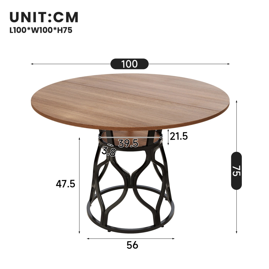 Tavolo da pranzo rotondo 100 x 100 x 75 cm in MDF effetto noce e metallo nero; con ripiano
