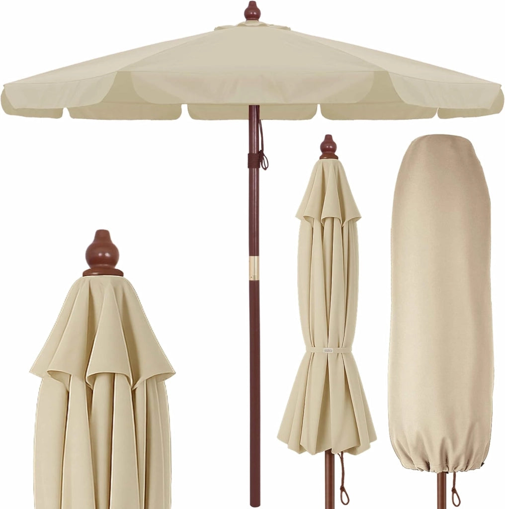 Ombrellone in Legno 330cm UV50+ Idrorepellente Ombrello Rotondo Stabile Antivento da Giardino Balcone