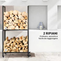 Portalegna da Esterno e Interno a Due Livelli con Ruote in Acciaio Rinforzato, 60x30x119 cm, Nero