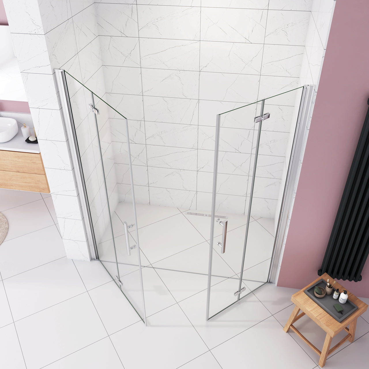 Box Doccia in Linea per Nicchia 185 cm Doppia Porta Battente 4 Ante Pieghevoli Saloon Vetro Temperato 6 mm Anticalcare 155 cm (70+90: 1518-1558 mm)