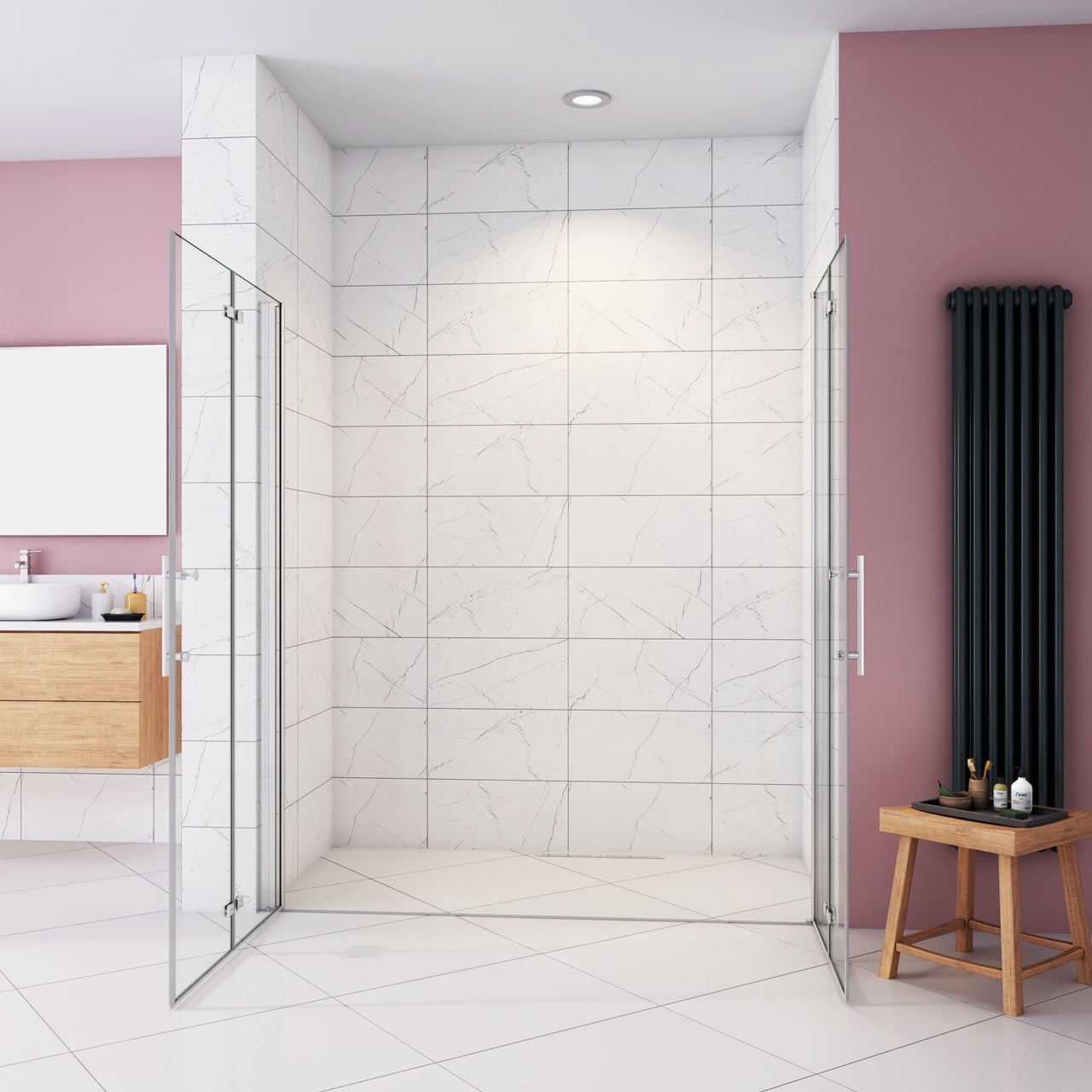 Box Doccia in Linea per Nicchia 195 cm Doppia Porta Battente 4 Ante Pieghevoli Saloon Vetro Temperato 6 mm Anticalcare 140 cm (70+76: 1378-1418 mm)