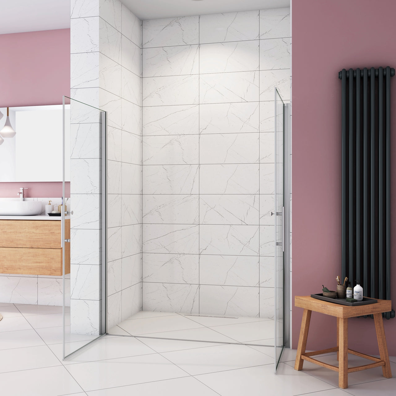 Box Doccia per Nicchia 185 cm Doppia Porta Battente Saloon Vetro Temperato 6 mm Anticalcare Larga 145 cm (70+80: 1418-1458 mm)