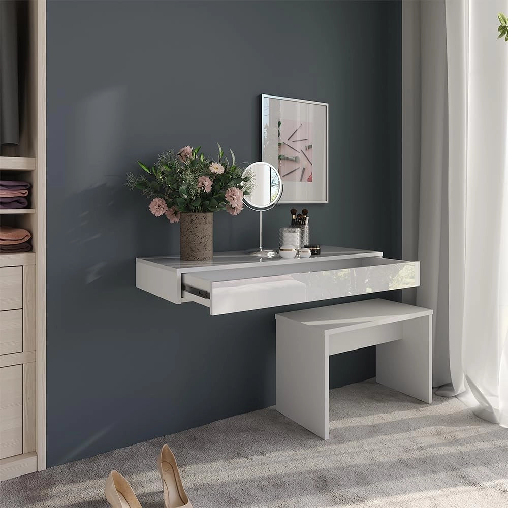 Libreria da parete Sherry, Bianco lucido, 100 x 12 cm con cassetto, adatto al montaggio a parete per riporre e organizzare