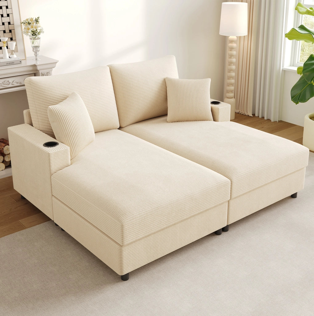 Divano letto 2 posti 163x140x82 cm in tessuto beige con USB e portabicchieri